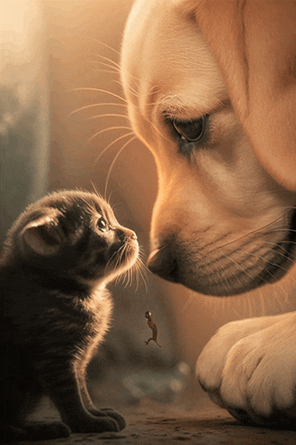 a puppy and a kitten look at each other