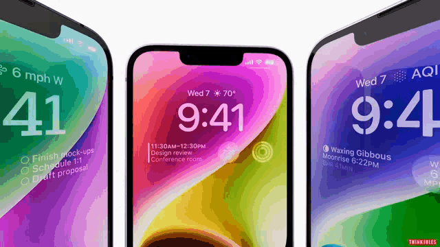 three cell phones are displaying the time of 9:41 on wed 7