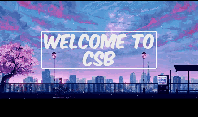 a welcome to csb sign with a cityscape in the background