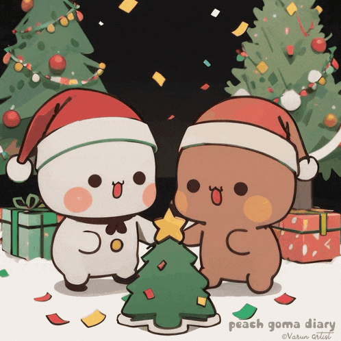 two cartoon characters wearing santa hats are standing next to a christmas tree with the words peach goma diary below them