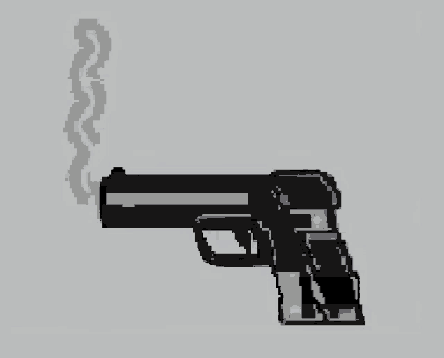 it looks like a pixel art of a gun with smoke coming out of it .