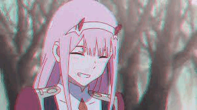 zero two from darling in the franxx is a pink haired anime girl with horns and a scarf around her head .