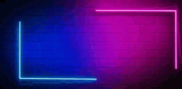 a blue and purple neon frame is glowing on a brick wall .