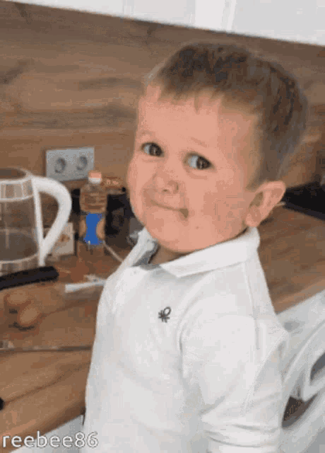 a little boy wearing a white shirt with a green embroidered logo on the sleeve is standing in a kitchen