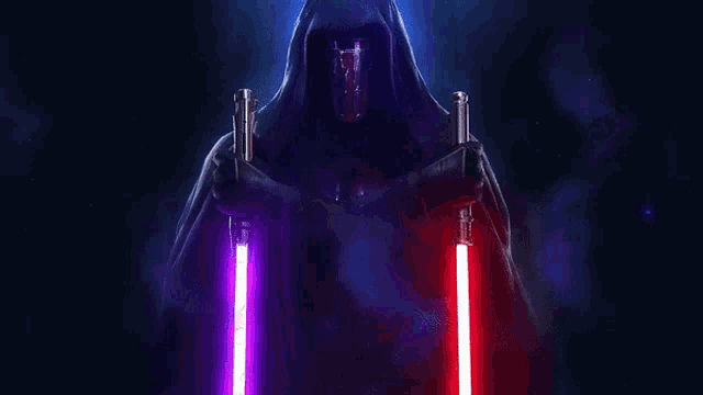 a person in a hood holding two lightsabers