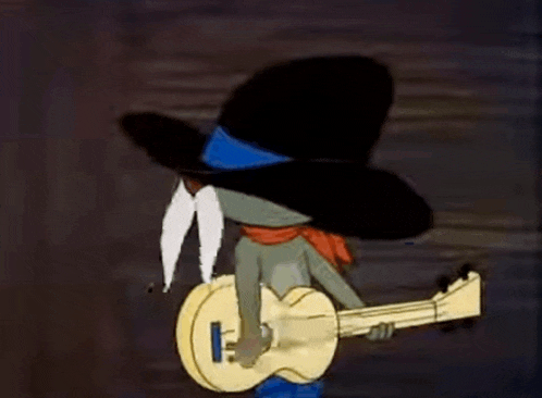 a cartoon character is holding a guitar and wearing a hat and scarf .