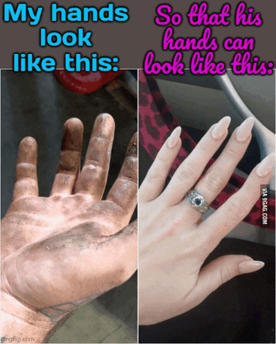 a picture of a dirty hand and a picture of a woman 's hand with a ring on it