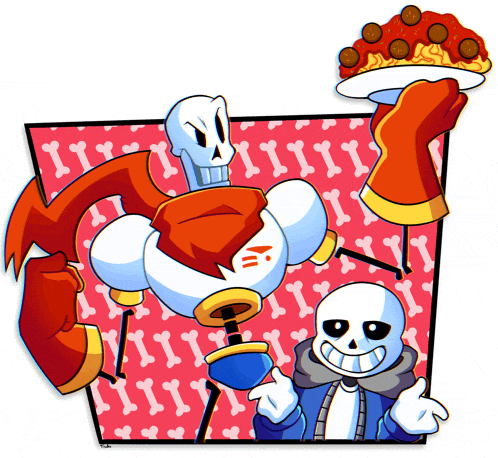 a cartoon of papyrus and sans holding a plate of pizza