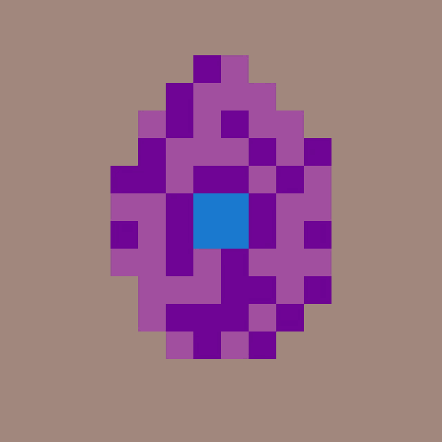 a pixel art drawing of a purple flower with a blue center .