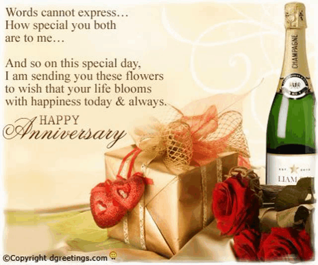 a happy anniversary card with a bottle of champagne , roses , and a gift box