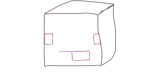 a black and white drawing of a cube with a face drawn on it