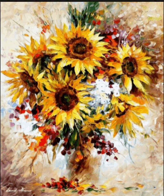 a painting of a bunch of sunflowers on a table