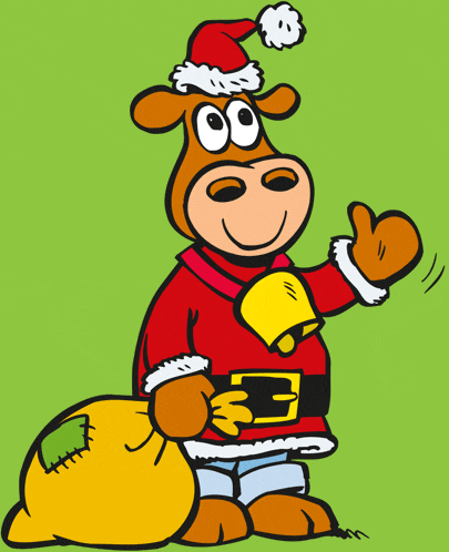 a cartoon cow dressed as santa claus holds a bell and a yellow bag