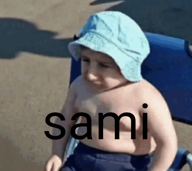 a shirtless child wearing a hat with the name sami written on it