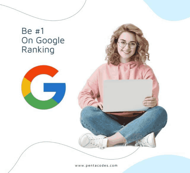 a woman is sitting on the floor holding a laptop and a google logo is behind her