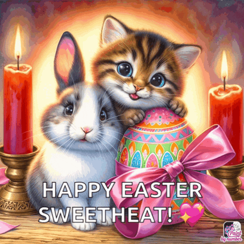 a picture of a cat and a rabbit with the words happy easter sweetheat