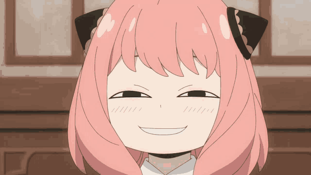 a cartoon girl with pink hair and black ears making a funny face