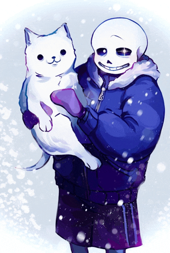 a drawing of a skeleton holding a small white cat