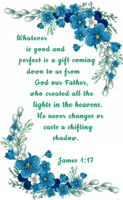 a bible verse from james 1:17 is surrounded by blue and white flowers