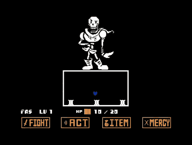 a video game with a skeleton surrounded by skulls and the words fight and mercy on the bottom