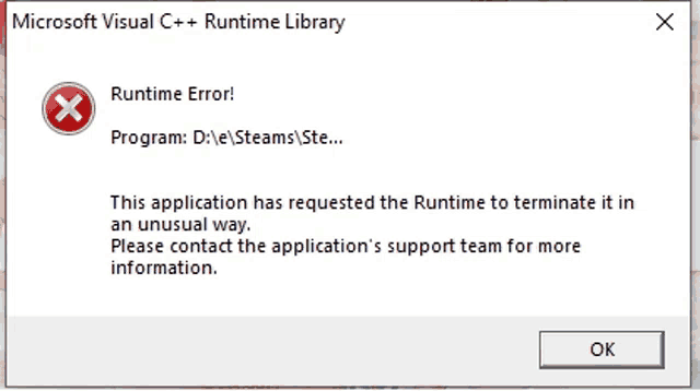 a microsoft visual c ++ runtime library window shows an error message