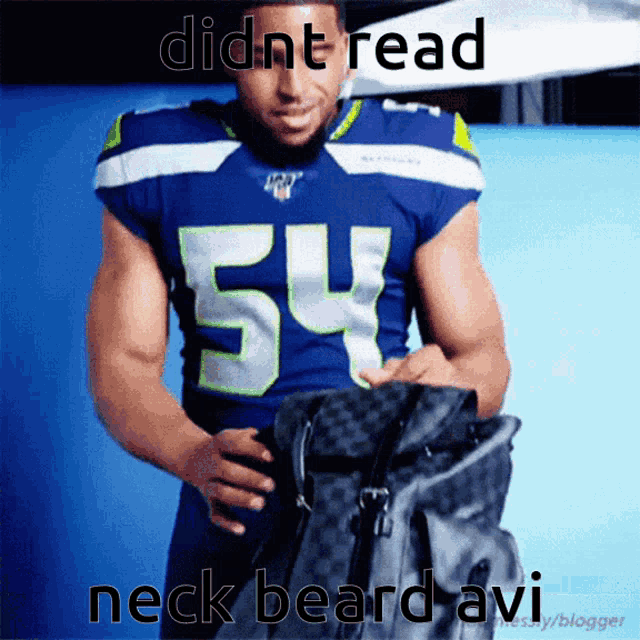 a man in a seahawks jersey is holding a bag and the caption reads " didn t read neck beard avi "