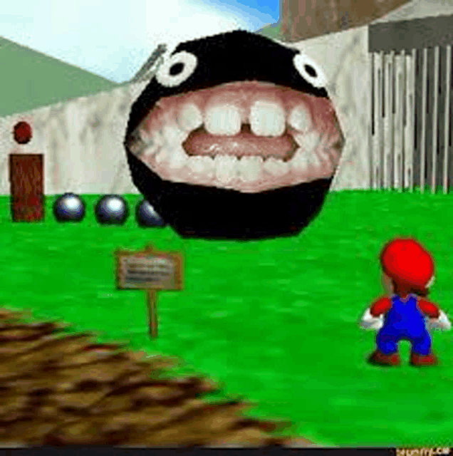 a video game character is standing in front of a monster with a large mouth and teeth .