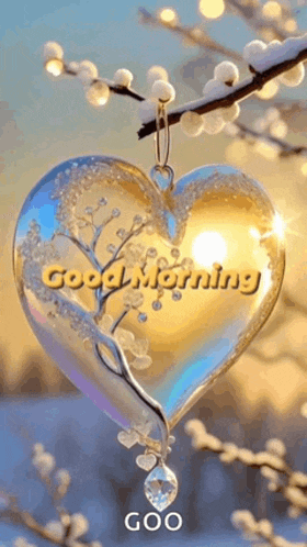 a heart shaped ornament with the words `` good morning '' written on it is hanging from a tree branch .