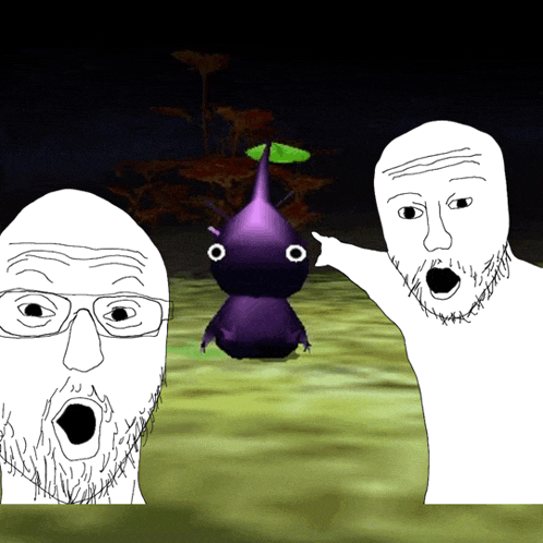 a cartoon drawing of a man pointing at a purple frog