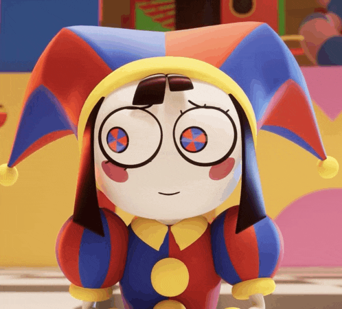 a cartoon character wearing a colorful jester hat and polka dot pants