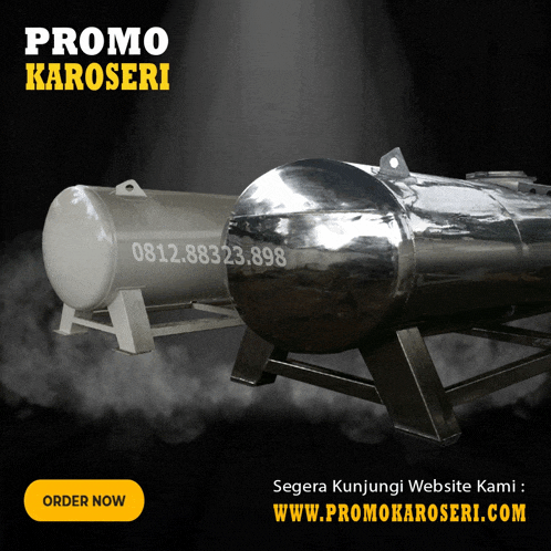 an advertisement for promo karoseri shows two tanks and a website