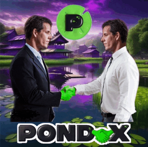 two men shaking hands in front of a pond with the word pond x below them