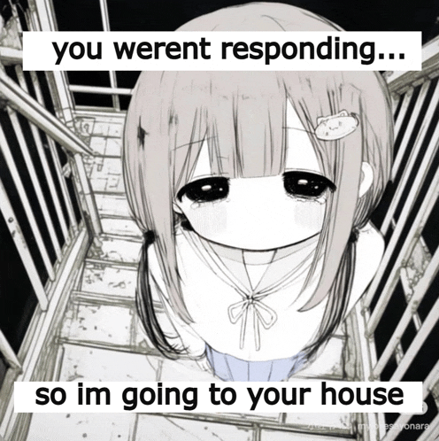 a black and white drawing of a girl with the words " you werent responding so im going to your house "