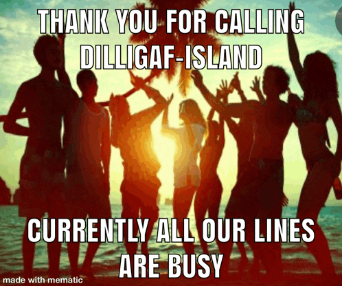 a group of people standing on a beach with the words thank you for calling dilligaf island currently all our lines are busy