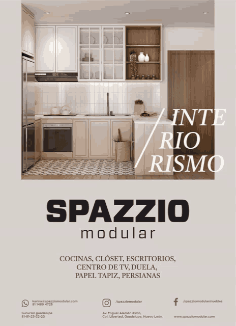 an advertisement for spazzio modular shows a kitchen