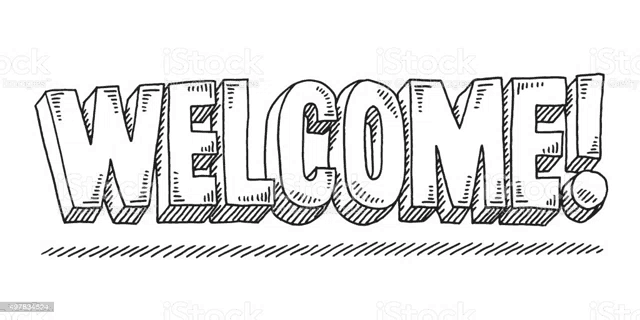 a black and white drawing of the word welcome !