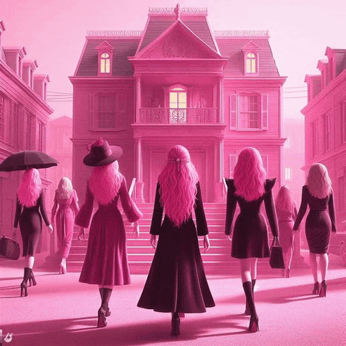 a group of women are walking in front of a pink house