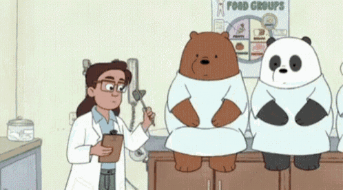 a cartoon of three bears standing next to each other in front of a poster that says food groups .