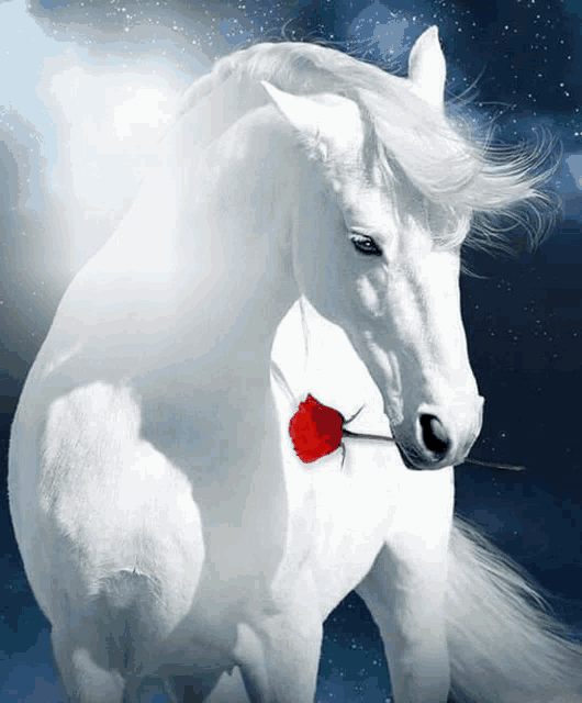 a white horse with a red rose on its nose