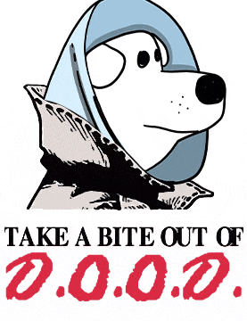 a cartoon dog wearing a helmet says take a bite out of 0.0.0.0.