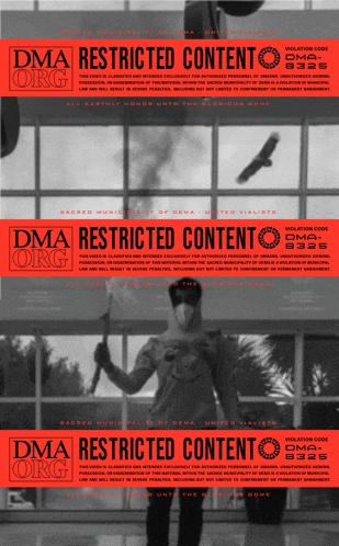 a man in a mask is standing in front of a window with the words dma restricted content on it