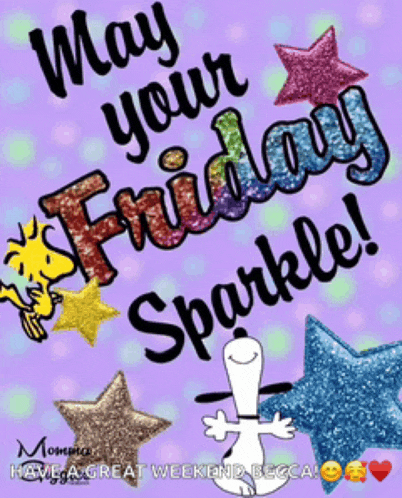 a purple background with snoopy and woodstock on it and the words may your friday sparkle