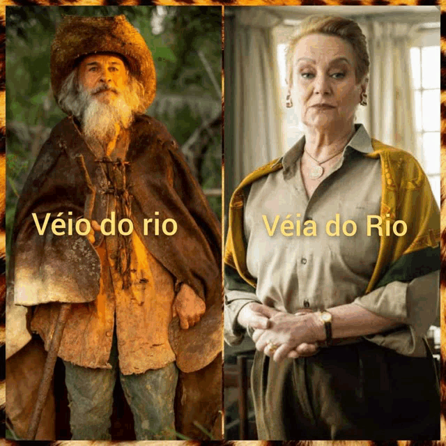 a man and a woman are standing next to each other with the words veio do rio written on them