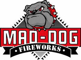 the logo for mad dog fireworks shows a bulldog with spikes on its collar .