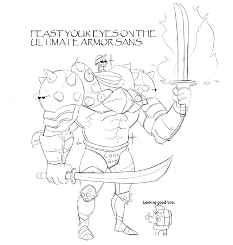 a black and white drawing of a knight holding a sword with the words feast your eyes on the ultimate armor sans