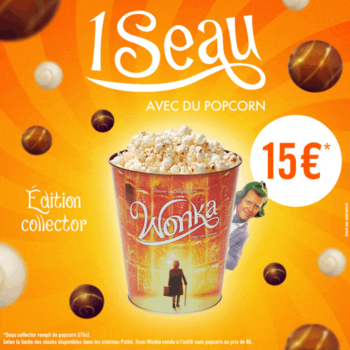 an advertisement for 1 seau avec du popcorn with a bucket of popcorn