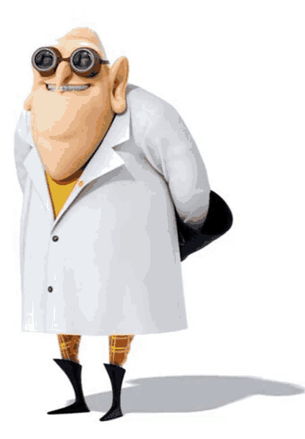 a cartoon character from despicable me is wearing glasses and a lab coat .