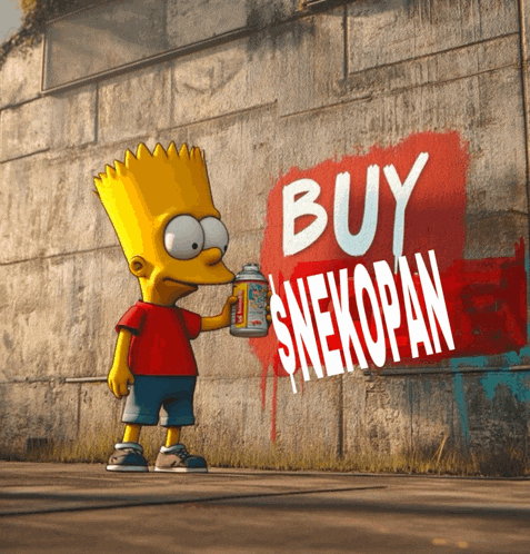 bart simpson spray paints a sign that says buy snekopan on a wall