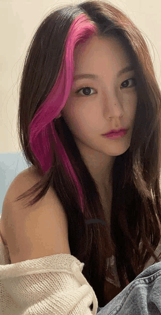 a woman with long brown hair and pink streaks