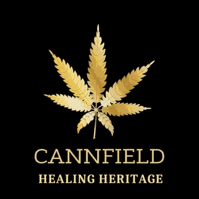 the logo for cannfield healing heritage has a marijuana leaf on it .